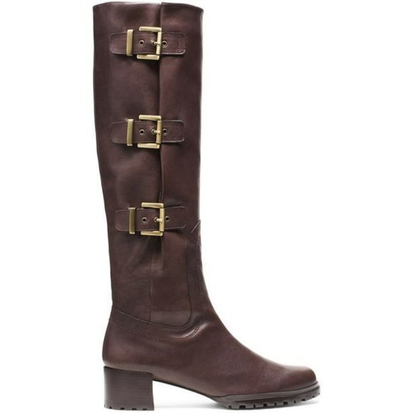 $800 STUART WEITZMAN Cinch Boo Tall Buckle Boot MOTO LEATHER CHIC BROWN 5 (K9) - Picture 1 of 8